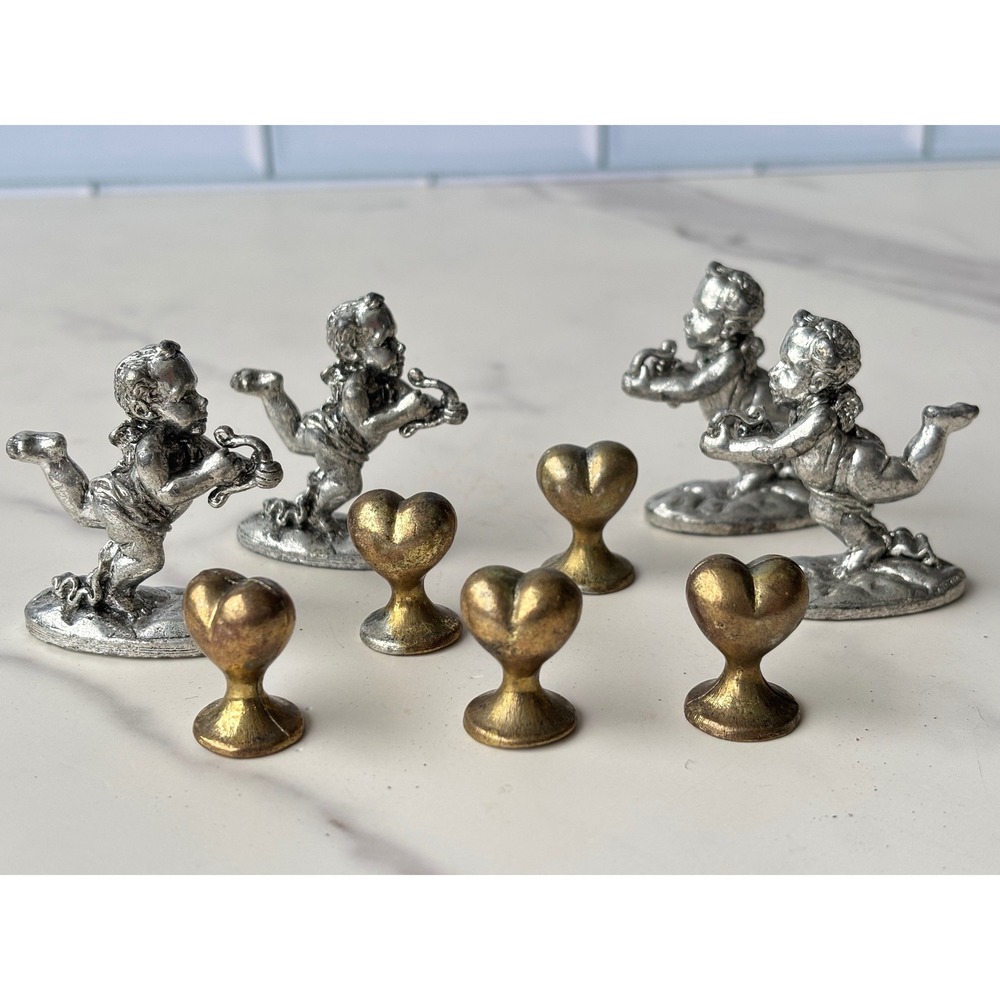 Vintage Metzke Pewter Miniature Cherub Cupid and Heart Set 9 Pieces Silver Gold